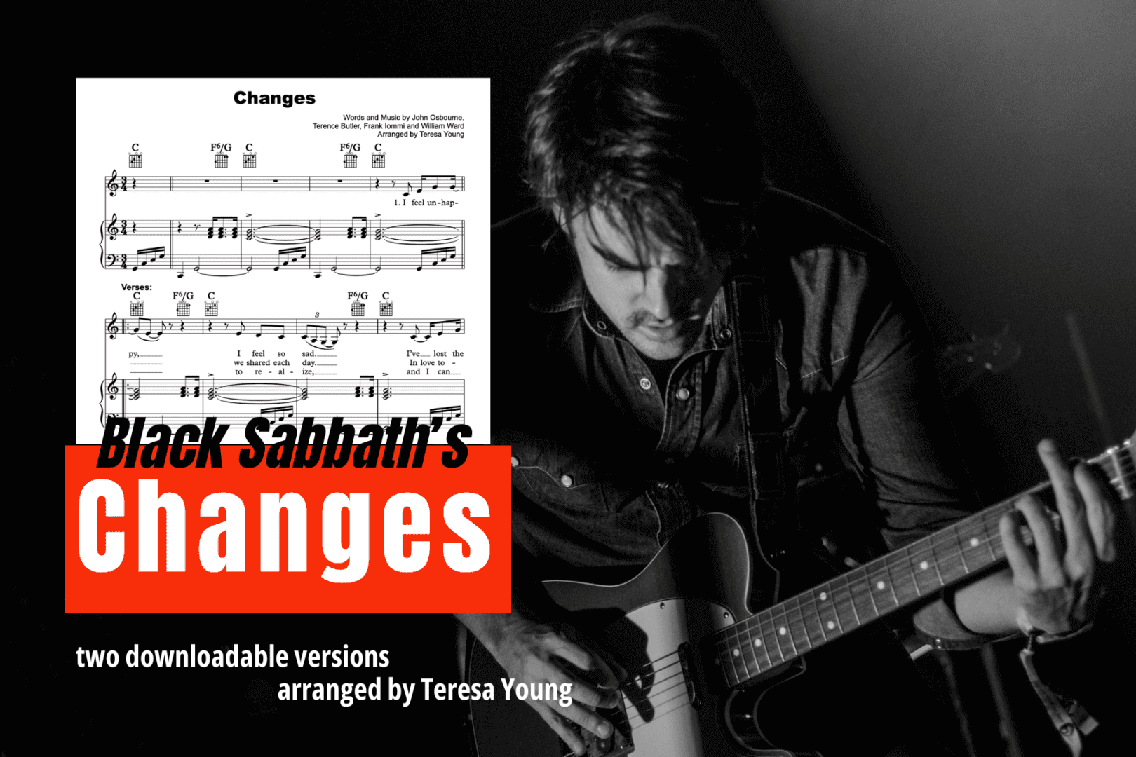 Guitarist playing with sheet music overlay.