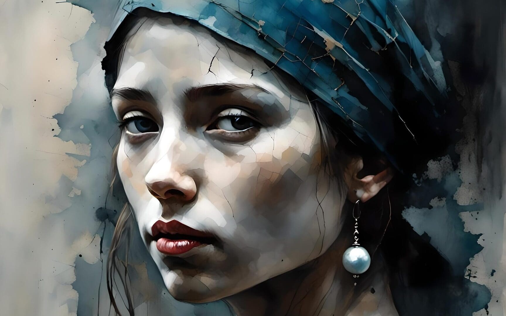 Woman with blue headscarf and pearl earring.